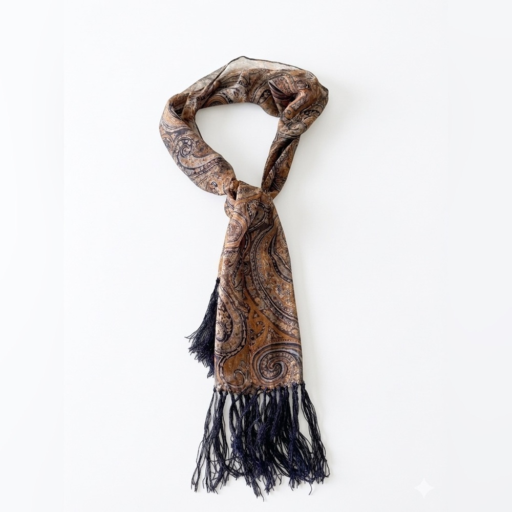 ECHO 100% Silk Paisley Scarf Brown Gold Black Fringe Long Rectangular